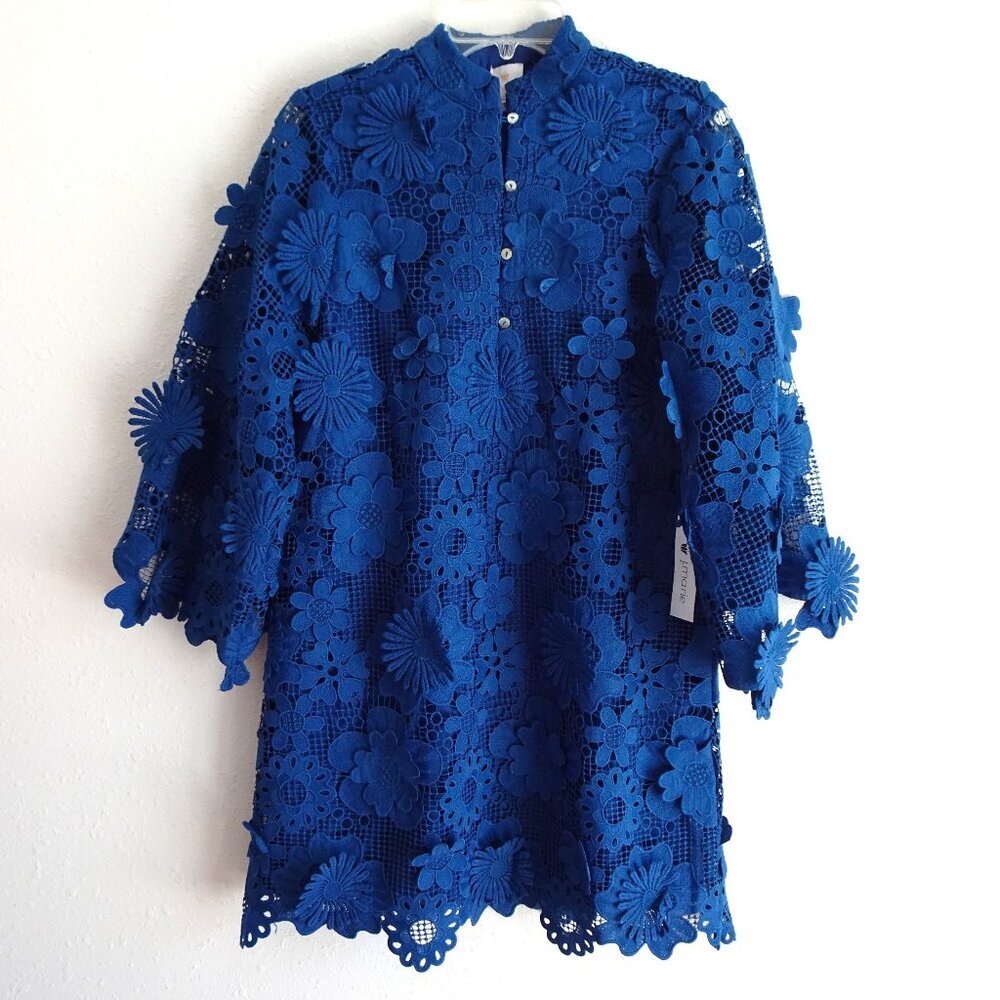 J.Marie Seraphina Dress Size XS Blue Short Floral 3D Lace Long Sleeve